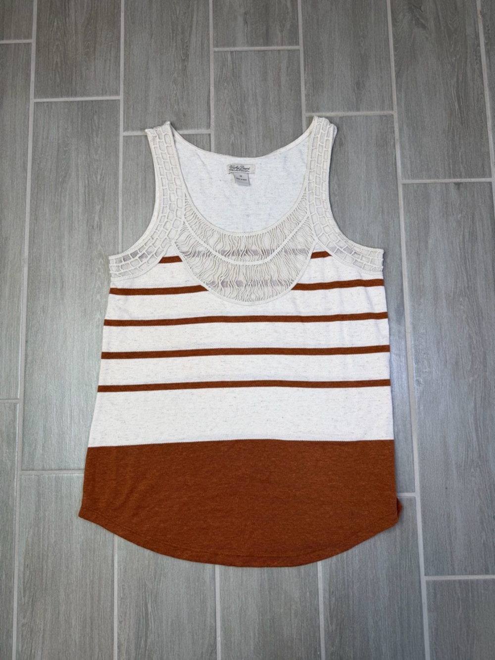 Lucky Brand Crochet Yoke Striped Tank - Rust and Ivory